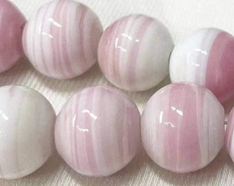12 Vintage Pink White Japan  Striped Round Glass Beads
