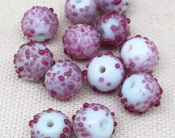 12 Vintage White Pink Sugar Round Glass Beads