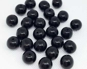 25 Black Czech Round Glass Beads 8mm