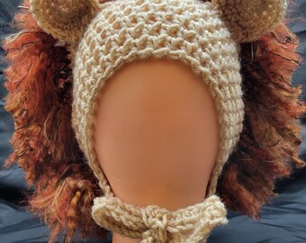 Crochet Lion bonnet hat. Kids Ages 10 and up