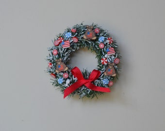 Dollhouse Miniature-Candy Wreath with Patriotic Bear