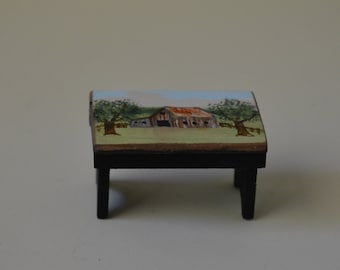 Dollhouse Miniature-Footstool with  Summer Barn  scene.
