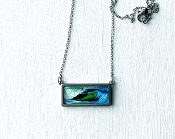 Wave Painting Bar Necklace, Stainless Steel, Glass and Art Print Jewelry