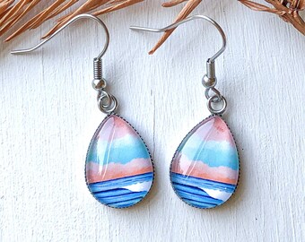Handmade Colorful Stainless Steel Beach Earrings - Made With Tiny Print of an Original Painting (Not AI)