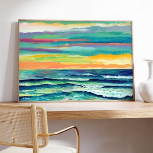 Vibrant Seascape Art: Large Colorful Abstract Acrylic Print - Choose Paper or Canvas, up to 24x36 inches.