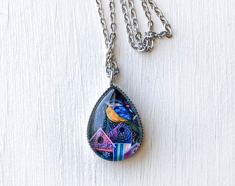 Vibrant Bird Painting Necklace. Gift for Bird Lover.