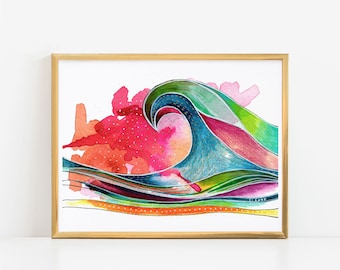 Colorful Wave Art, Colorful Ocean Print, Wave Illustration