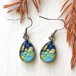 Blue Floral Earrings, Teardrop Earrings, Flower Jewelry,  &quot;Spring Night&quot;