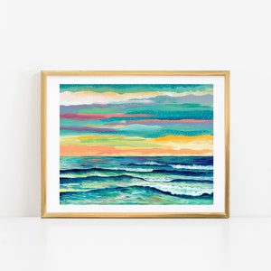 Rainbow Seascape Print: Colorful Beach Wall Art, Modern Coastal Decor