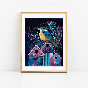 Kingfisher Bird Painting, Bird Lover Gift, Fun Colorful Bird Art Print