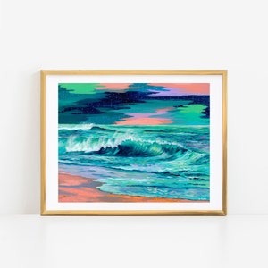 Colorful Beach Wave Art Print: Modern Coastal Decor