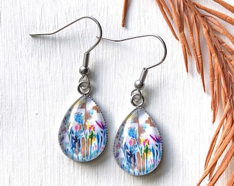 Floral Art Earrings, Teardrop Earrings, Flower Jewelry,  "Abstract Floral"