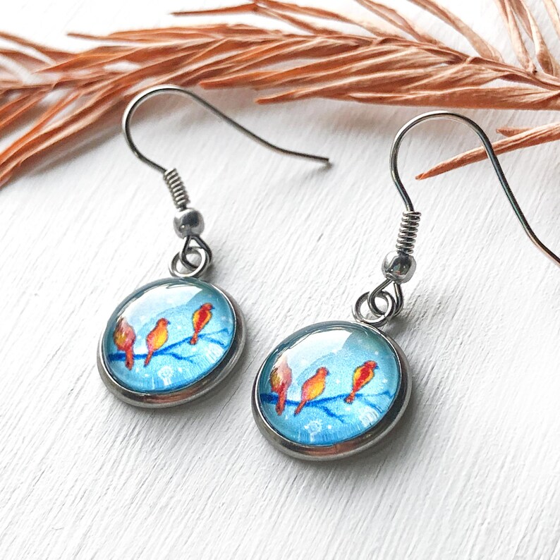 Bird Earrings Dangle Whimsical Bird Earrings Bird Art Etsy