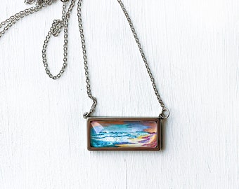 Ocean Painting Bar Necklace, Beachy Gift For Her