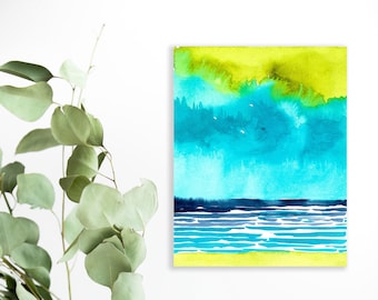 Simple Watercolor Canvas Art, Colorful Ocean Art Print, Vibrant Beach Decor