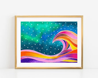 Super Colorful Wave Art, Colorful Ocean Print, Wave Illustration