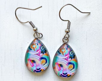 Pink Abstract Earrings, Colorful Art Jewelry
