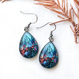 Flower Earrings, Floral Art, Blue Flower Jewelry, Botanical Jewelry