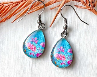 Magenta Flowers Earrings, Flower Jewelry