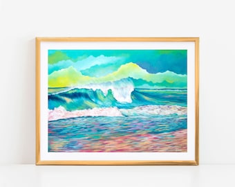 Wave Art, Beach Art Print, Ocean Themed Wall Decor, Colorful Beach Art