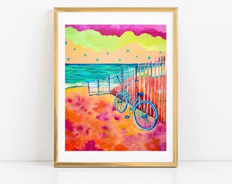 Beach Bike Art, Outer Banks Art, Colorful Beach Print