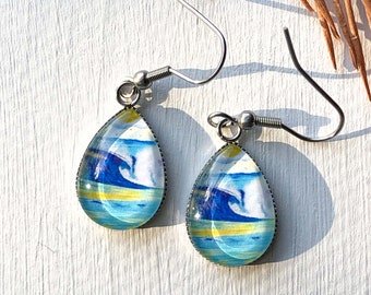 Blue Wave Earrings, Beach Lover Jewelry, Teardrop Earrings