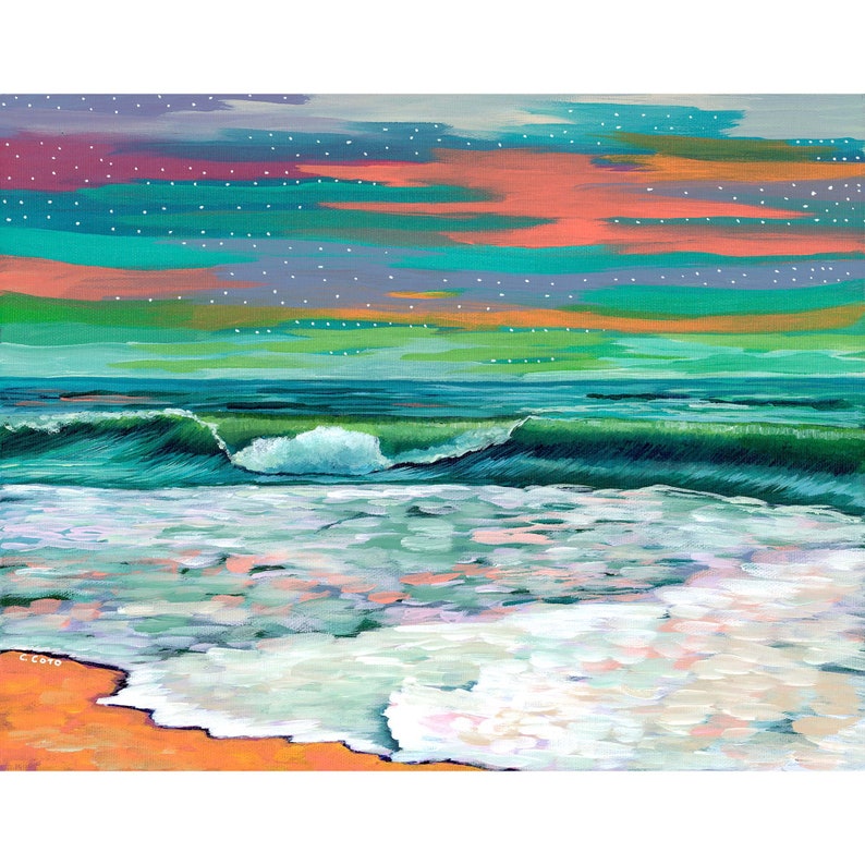 K&ouml;nnte beinhalten: Ein Acrylgem&auml;lde einer Strandszene mit einem lebendigen Himmel aus horizontalen B&auml;ndern in Pink, T&uuml;rkis und Orange, &uuml;bers&auml;t mit wei&szlig;en Punkten. Eine dunkelgr&uuml;ne Meereswelle bricht sich an einem sandig-orangen Ufer mit wei&szlig;em Schaum. Signiert C. Coto.