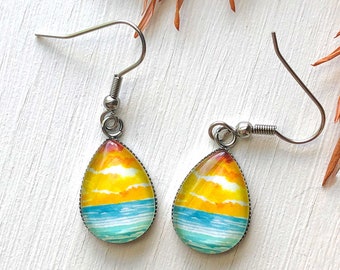 Beach Jewelry, Beachy Earrings, Summer Earrings, Surgical Stainless Steel, Beach Inspired Earrings, "Abstract Watercolor Seascape VI"