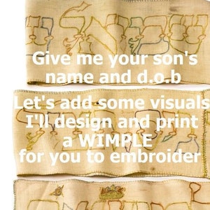 Pode incluir: Três peças de tecido bege com desenhos bordados. O tecido está dobrado e o texto "Give me your son's name and d.o.b Let's add some visuals I'll design and print a WIMPLE for you to embroider" está impresso no tecido.