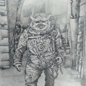 May include: Pencil drawing of a humanoid figure in a detailed spacesuit, walking through an arched doorway. The figure has a large head with prominent features and is holding a tool. The artwork is in grayscale.