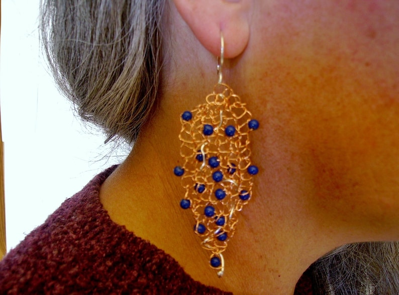 Copper lapis lazuli /& silver hand-knitted wire Art Earrings