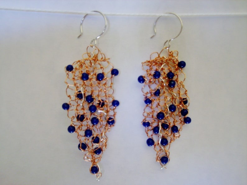 Copper lapis lazuli /& silver hand-knitted wire Art Earrings