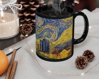 Roanoke Starry Night Mug | Virginia Coffee Cup | Star City Souvenir 11oz Black Mug