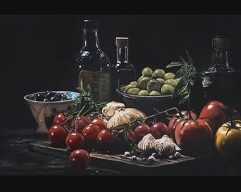 Italian Food Still Life Painting Print | Tomatoes, Olives, Garlic | Kitchen wall art | foodie Gift