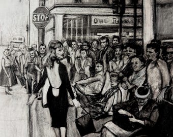 There she goes | Original Charcoal Drawing | Street Scene | figurative art | Black and White Wall art