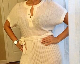 1970's White Pleated Knit Dress