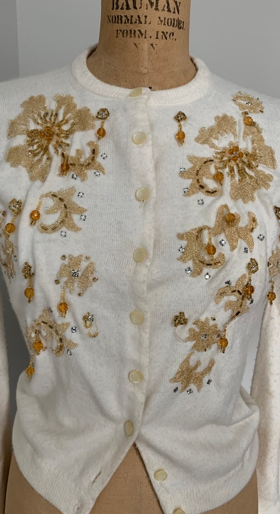 1950’s White Cardigan w Gold Beading