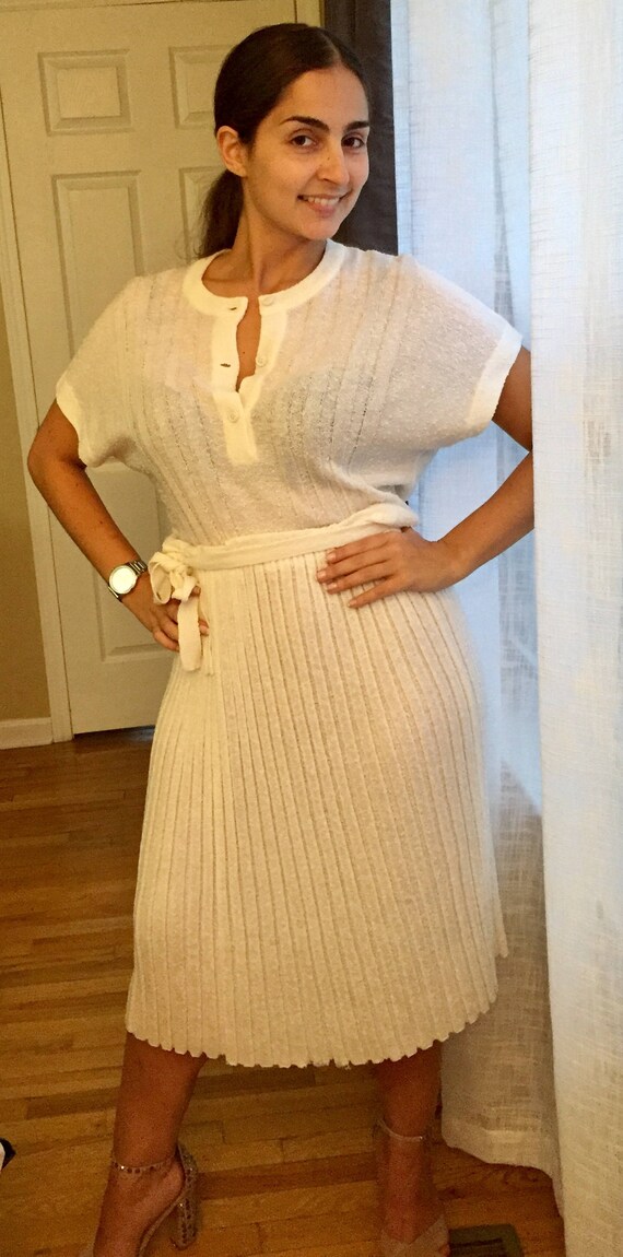 1970's White Pleated Knit Dress