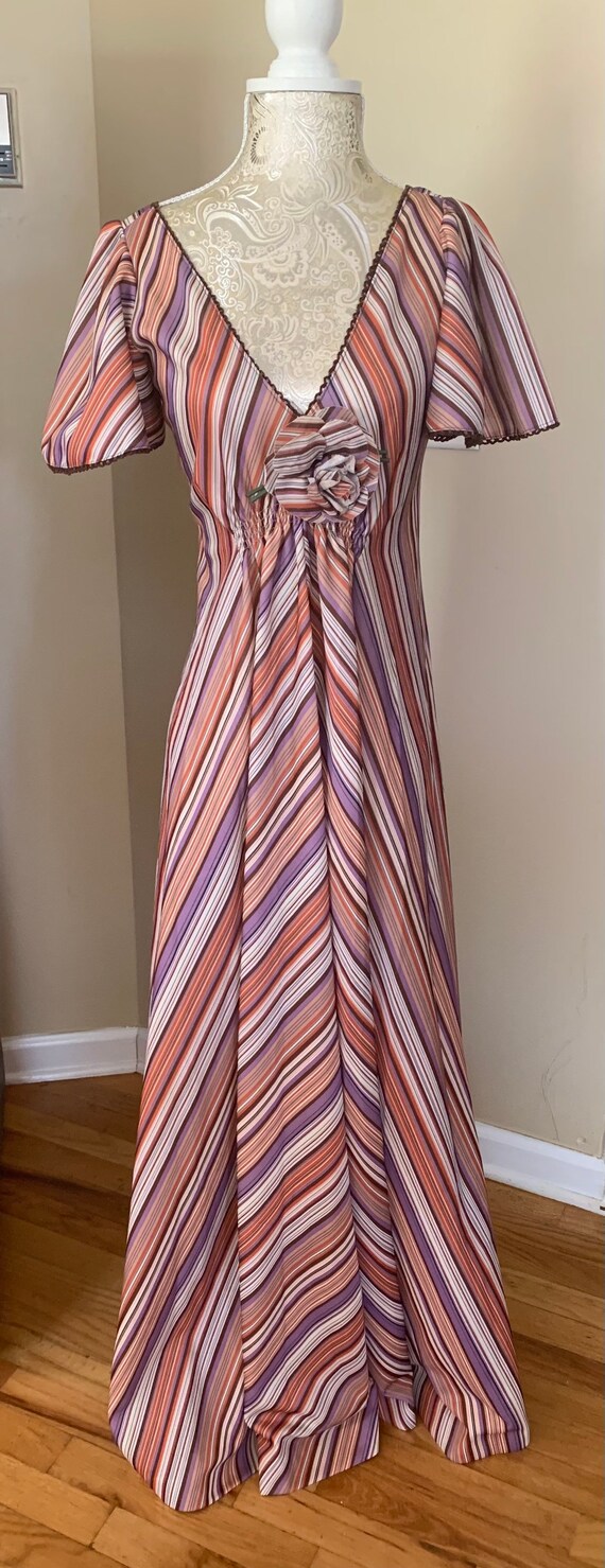 1970’s Purple & Orange Striped Maxi Dress w Deep … - image 2