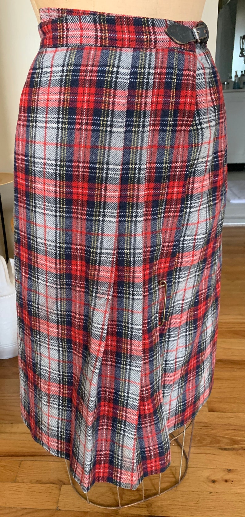 1970s Red Plaid Wool Pleated Skirt image 1