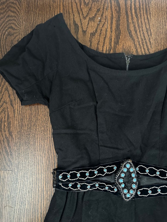 1950’s Black Wool Dress w Turquoise Beaded Belt