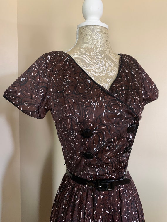 1960’s Brown Satin Print Pleated Dress - image 1