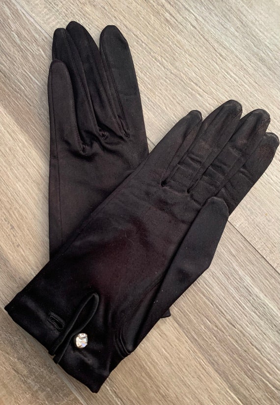 1960’s Black Satin like Gloves w Rhinestone Clasp