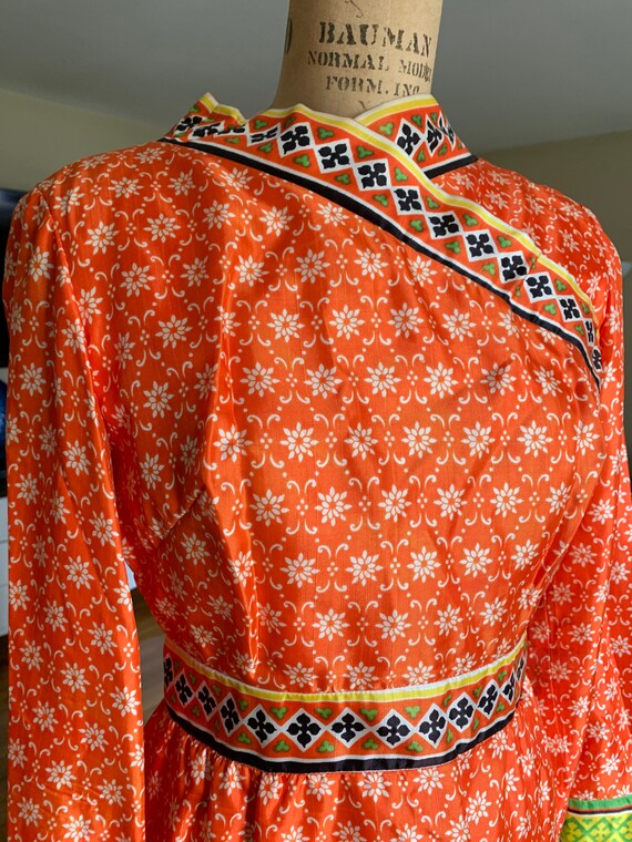 1960’s Orange Floral Print Maxi w Bell Sleeves - image 1