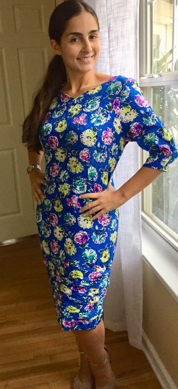 1960's Hand Stitched Ruched Floral Dress