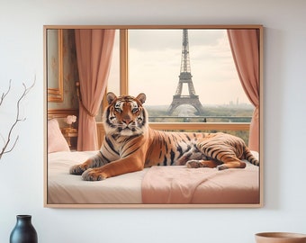 Spectacular Scenes: Tiger portrait and Eiffel Tower Majesty Through a Luxe Hotel Room Window