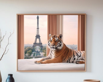Tiger Majestic Moments: Eiffel Tower Views from a Luxurious Retreat where a majestic tiger rests peacefully on the bed