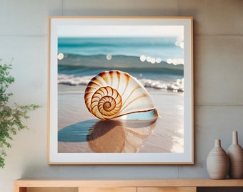 Seashell Serenity, shell motif against a serene seascape backdrop, it evokes a sense of peaceful contemplation