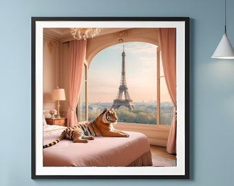 Eiffel Elegance: Where Luxury Meets Wildlife in Paris where the beauty of the Eiffel Tower meets a grand tiger lounges regally on the bed