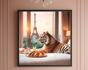 Unforgettable Parisian Mornings: Eiffel Tower Serenity. Wild Tiger in Paris having Breakfast
